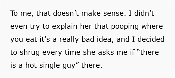 Text discussing a mom's confusing advice about relationships and her daughter's discomfort with sharing a "tragic story.