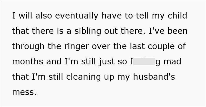 Text discussing a woman's frustration over her late husband's affair and its impact on their child.