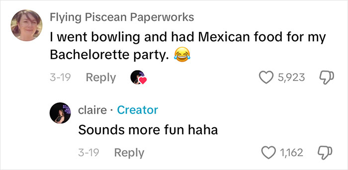 Comments about affordable bachelorette party with bowling and Mexican food, emphasizing fun experience.