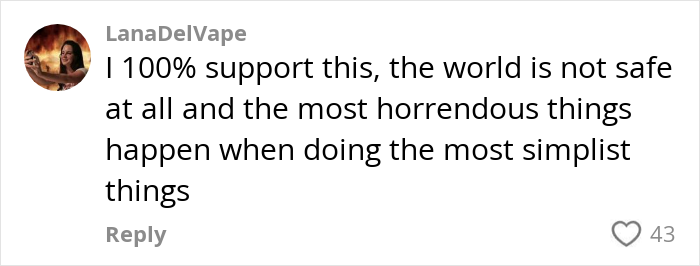 Comment expressing support for mom following daughter on 5k runs, discussing safety concerns.