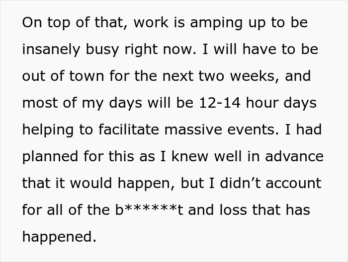 Text ranting about busy work schedule, challenges, and time away from home, related to mil-expectations wedding invitations.