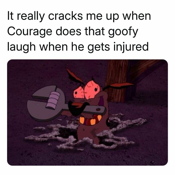 Cartoon character Courage with a wrench in his mouth, eyes bulging, in a humorous scene, evokes nostalgic feelings.