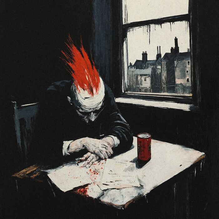 Man with red mohawk sits at a table with a can, surrounded by a decaying industrial townscape outside the window.