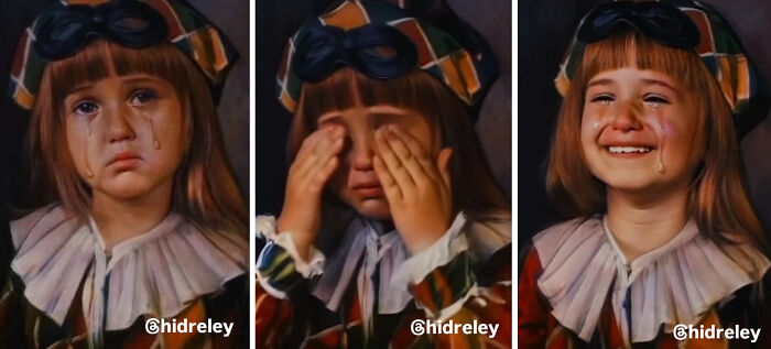 Bragolin’s crying children transformed from tears to smiles using AI, showing emotional change in three portrait images.