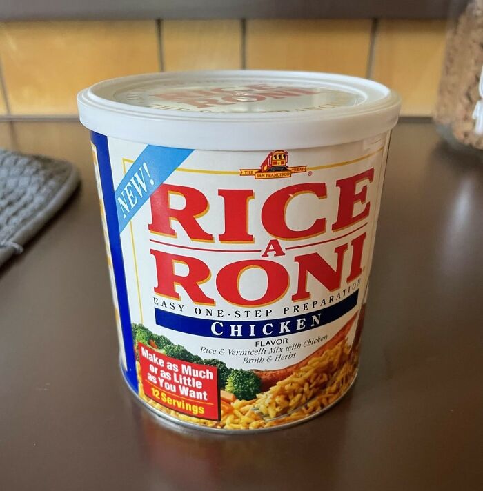 A can of Rice-A-Roni Chicken flavor on a kitchen countertop, highlighting the lifetime supply aspect.