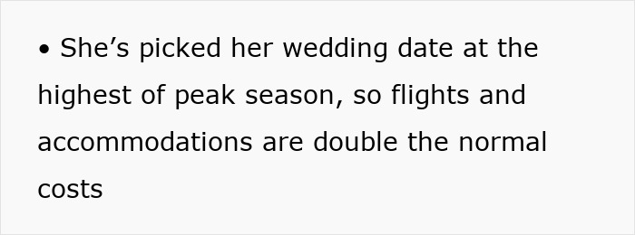 Wedding date set at peak season raises cost concerns; flights and accommodations double. Wedding date set at peak season raises cost concerns; flights and accommodations double.
