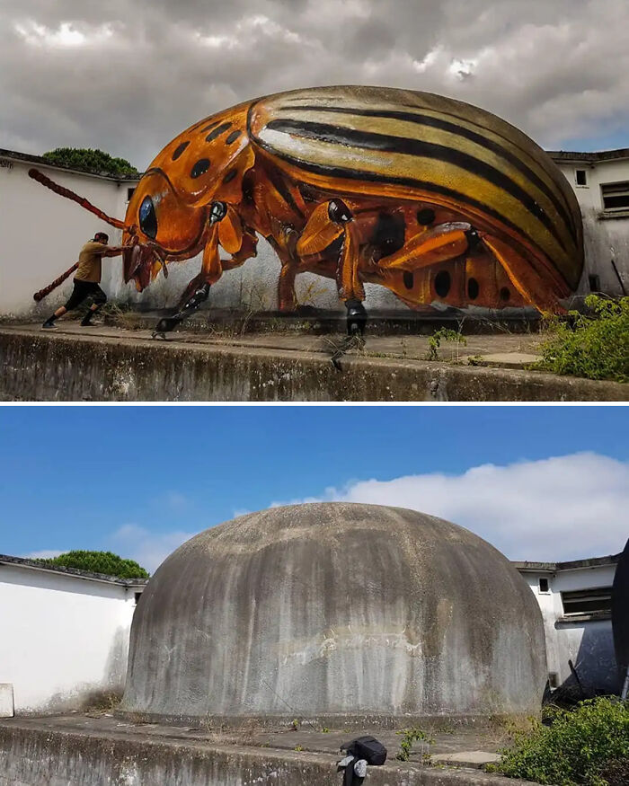 3D street art masterpiece of a giant beetle, blending with its surroundings, artist interacting with the artwork.