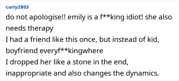 Text message discussing exclusion from a friend group over bringing a child to a spa day.