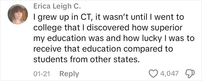 Comment about superior education from Connecticut in college experience discussion.