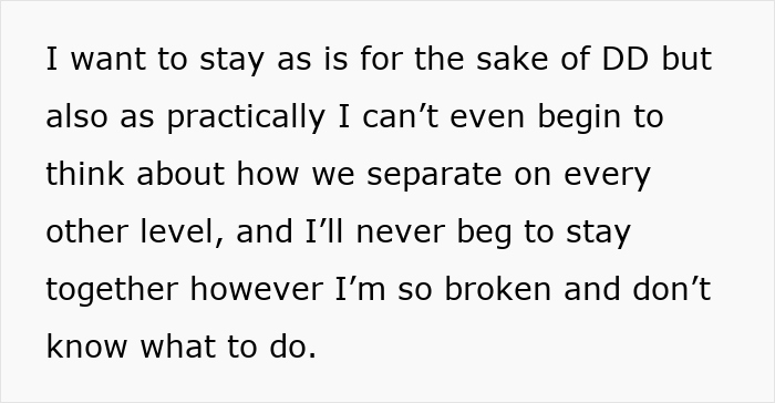 Text discussing emotional conflict over divorce and separation for family's sake. Text discussing emotional conflict over divorce and separation for family's sake.
