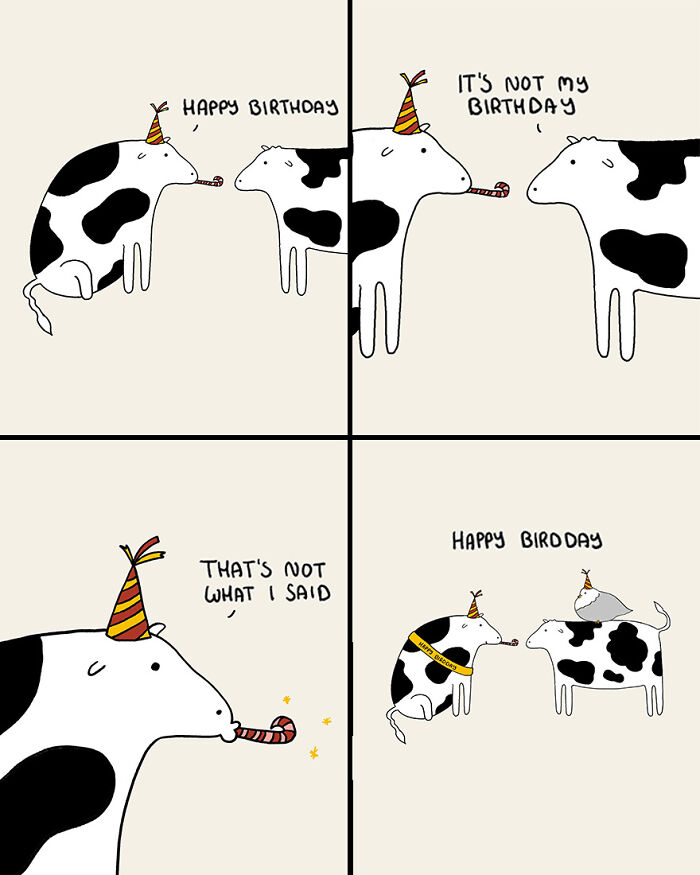 Cartoon cows in funny birthday scene wearing party hats.