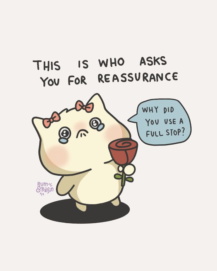 Cute cartoon cat illustrating anxiety, holding a rose and asking about a full stop for reassurance.