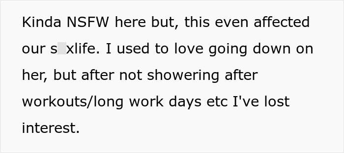Text discussing issues with personal hygiene and its impact, mentioning not showering for days. Text discussing issues with personal hygiene and its impact, mentioning not showering for days.