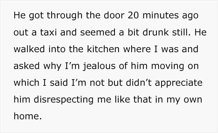 Text message about a shared home situation and an ex's unexpected visit.