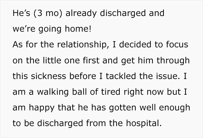 Text about newborn discharged after illness, highlighting focus on recovery over relationship issues.