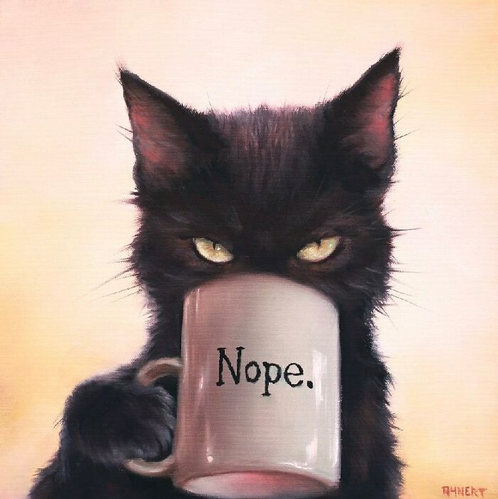 Anthropomorphic cat holding a mug with "Nope" written on it against a light background.