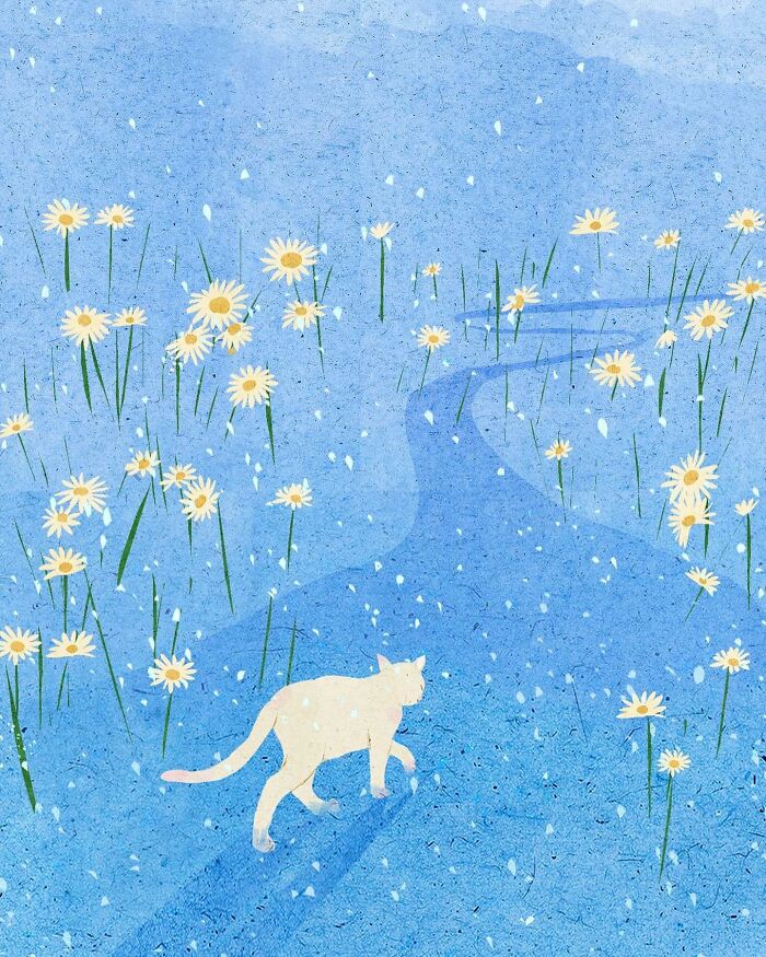 Serene illustration by Vietnamese artist featuring a white cat on a blue path surrounded by daisies, capturing solitude.