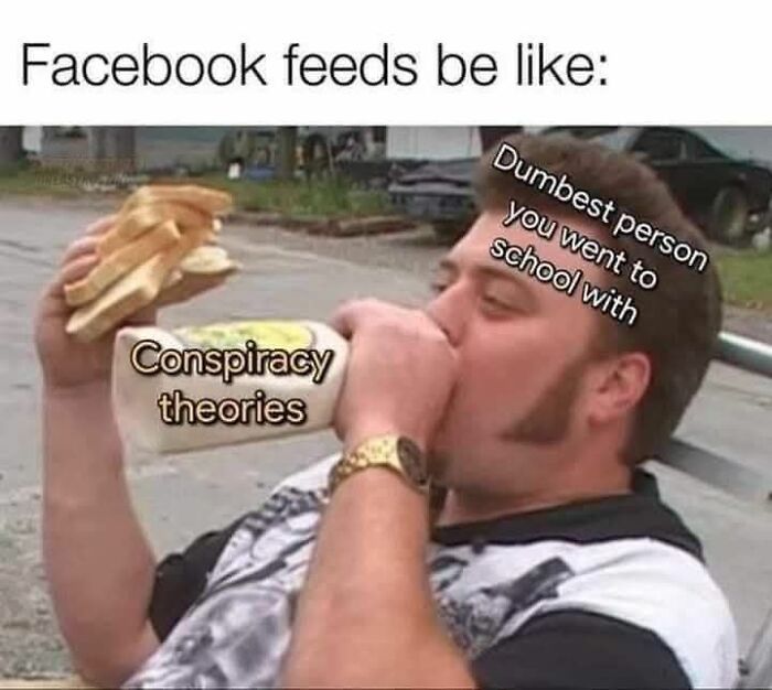 Man eating sandwich labeled "Conspiracy theories" and drinking from a bottle labeled "Dumbest person you went to school with". Random memes.