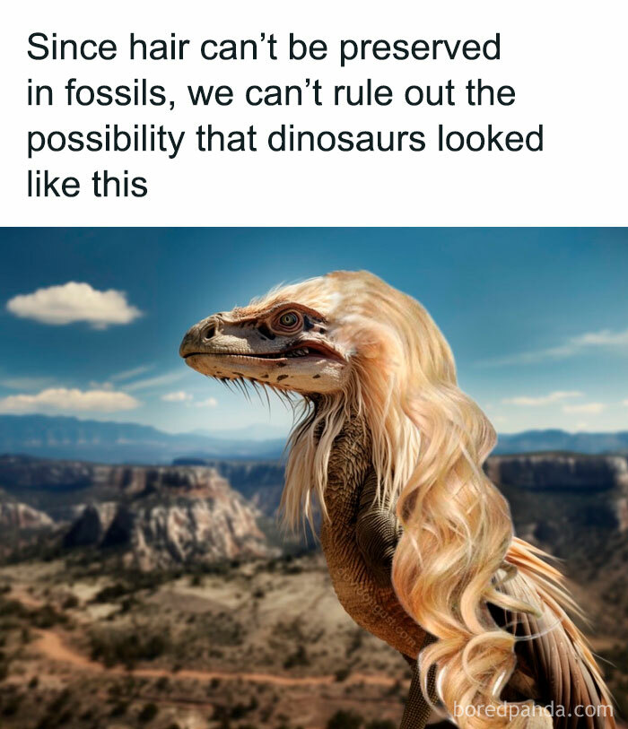 Dinosaur with long blonde hair, humorously styled, against a scenic backdrop, embodying funny animal post.