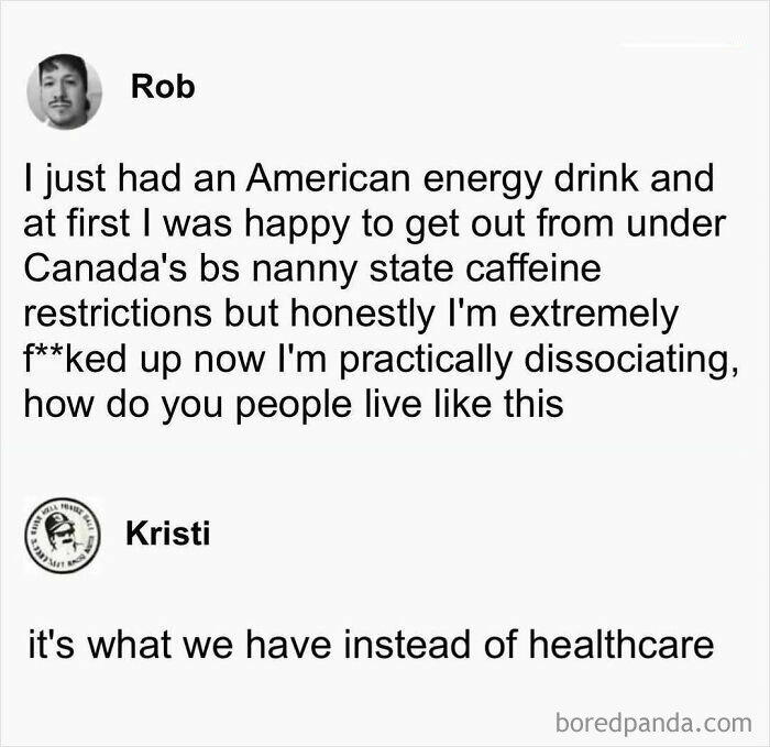 Two humorous text messages from "50 Nerds of Grey" about energy drinks and healthcare alternatives.