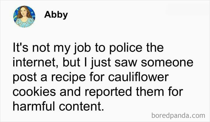 Text meme from "50 Nerds of Grey" joking about reporting a cauliflower cookies recipe as harmful content.