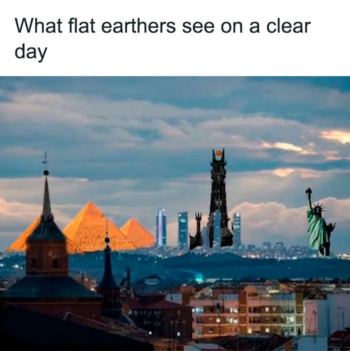 Collage of iconic landmarks humorously depicted together, from "50 Nerds of Grey" meme series.