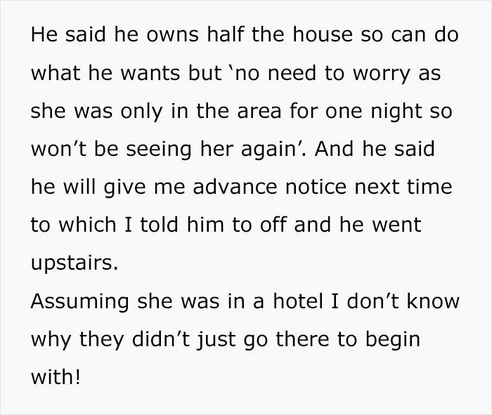 Text discussing the shock of a wife as an ex brings another woman into their shared home during separation.