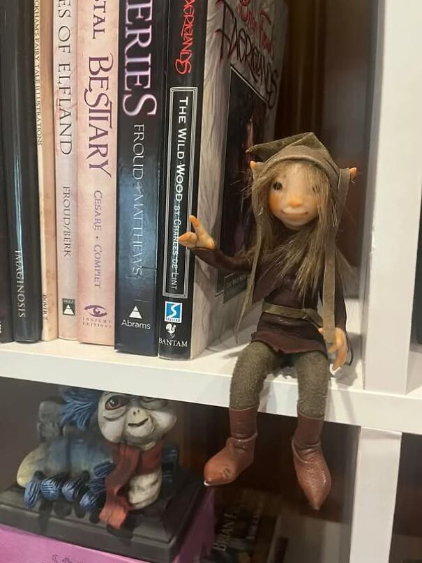 Strange thrift find: a whimsical elf figurine sits on a bookshelf beside fantasy books.