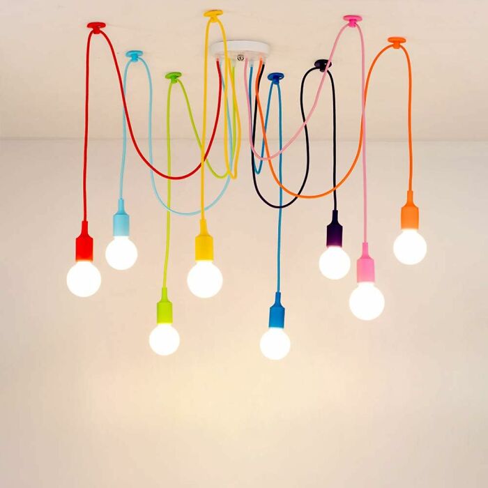 Colorful hanging lights with vibrant cords, creating a show-stopping visual effect on the ceiling.