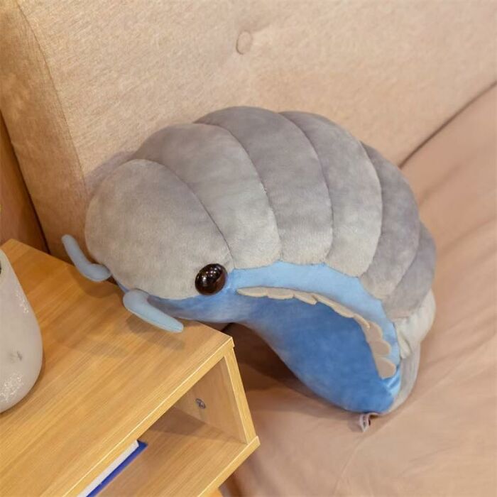 Grey trilobite plush pillow with blue underside resting on a wooden nightstand, an Amazon find.
