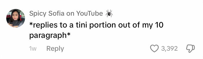 Spicy Sofia on YouTube shares a comment about inadequate apologies from men, noting a tiny reply to her lengthy message.