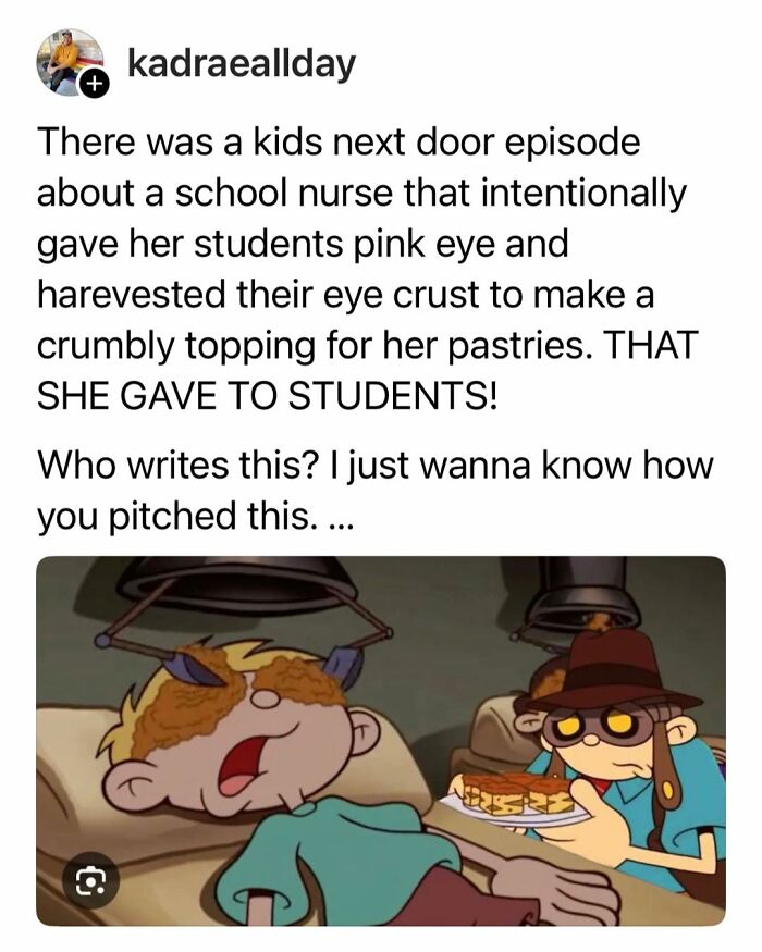 Cartoon characters with humorous text about an unusual school nurse episode, evoking nostalgia for old cartoons.