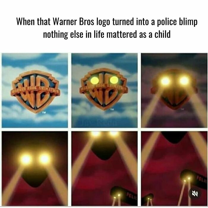 Warner Bros logo transforming into a police blimp, invoking nostalgia for old cartoons.