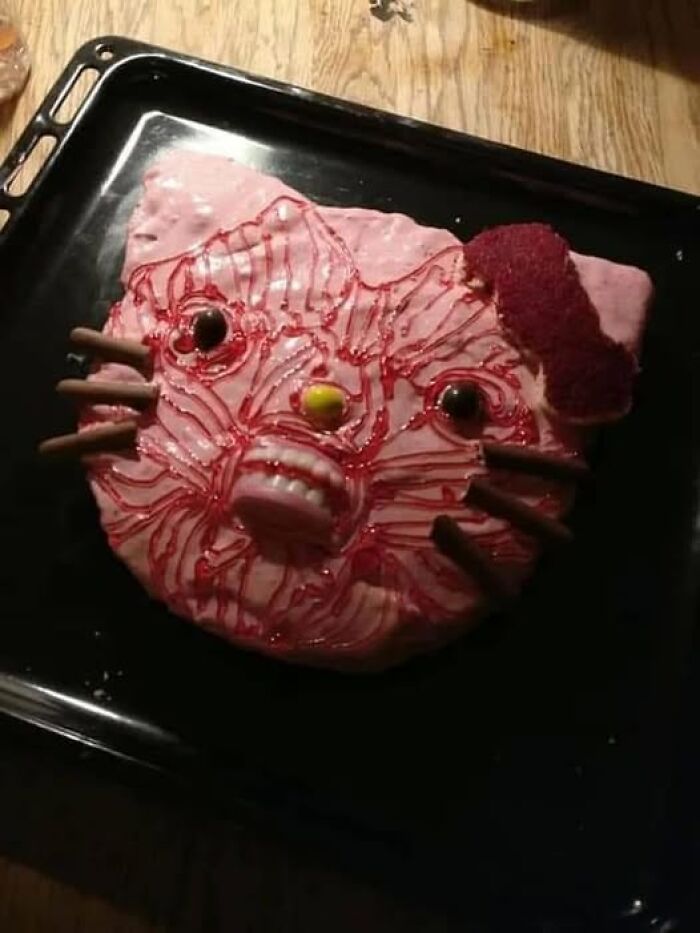 Funny baking fail cake shaped like a cartoon character with candy eyes and whiskers on a tray.