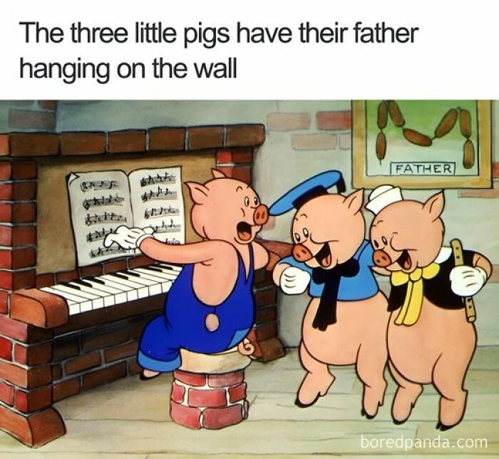Three cartoon pigs singing by a piano, with their "father" depicted in a humorous wall photo.