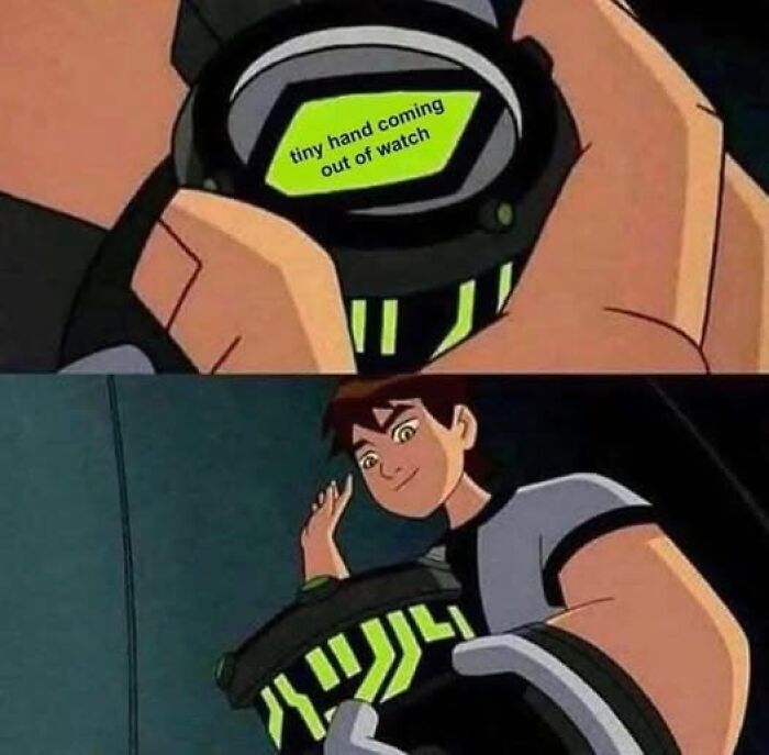 Anime character with literal meme of tiny hand emerging from watch face, providing a humorous twist.