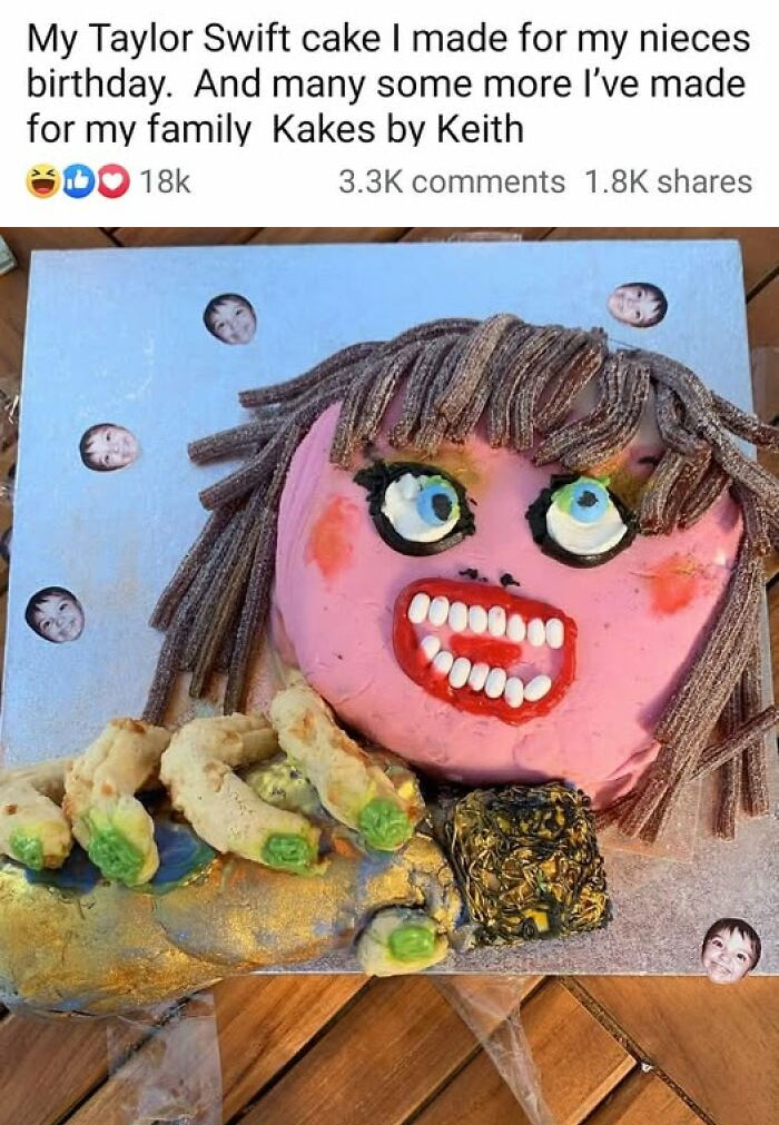 Funny baking fail cake with a pink face and yarn hair resembling a person, surrounded by decorative elements.