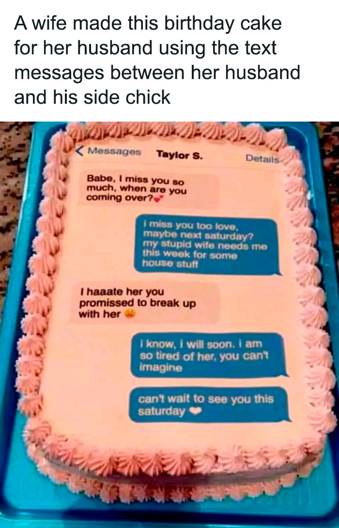 Funny baking fail with a cake designed to mimic incriminating text messages causing laughter online.