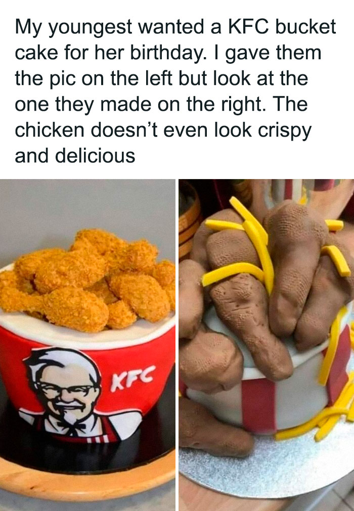KFC bucket cake on left vs. failed attempt on right with awkward chicken drumsticks, highlighting funny baking fails.