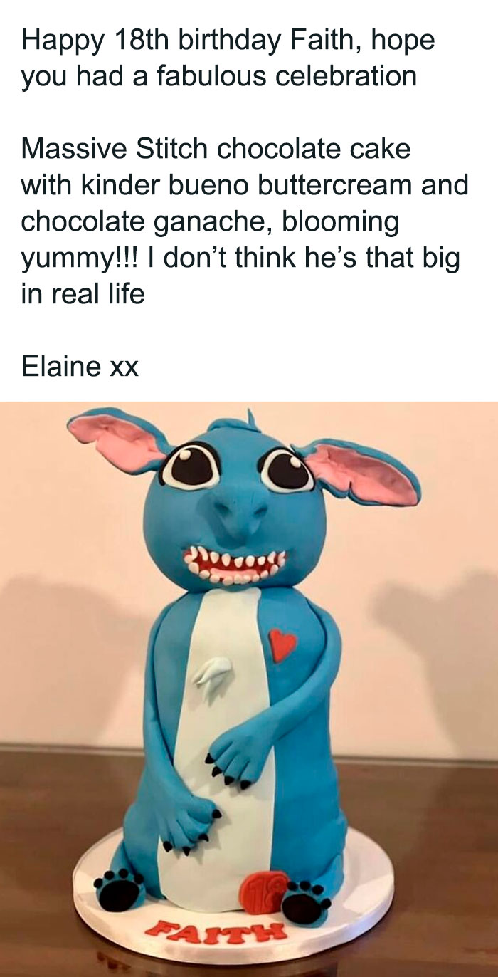 Funny baking fail cake shaped like a blue creature with big eyes, made for an 18th birthday celebration.