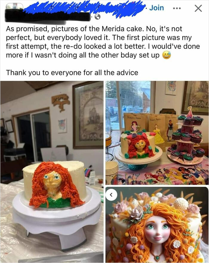 Funny baking fails with a Merida-themed cake attempt and its improved version displayed on social media.