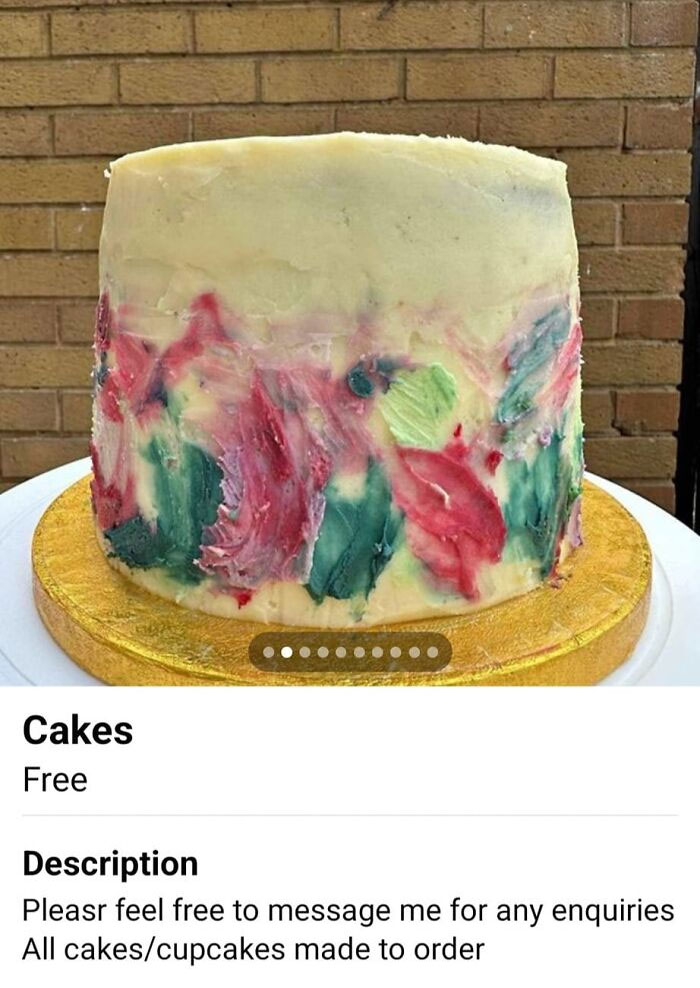 Colorful baking fail cake with smeared icing on a textured backdrop.
