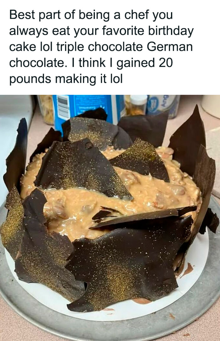 Humorous baking fail of a triple chocolate German cake with c*****d layers.