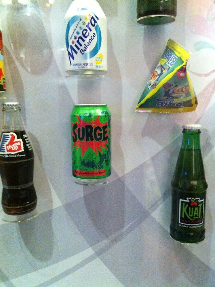 Discontinued products display featuring Surge soda and other nostalgic beverages.