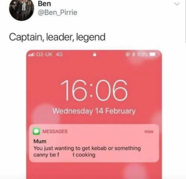 Scottish humor in a text exchange: a mum suggests getting a kebab instead of cooking.