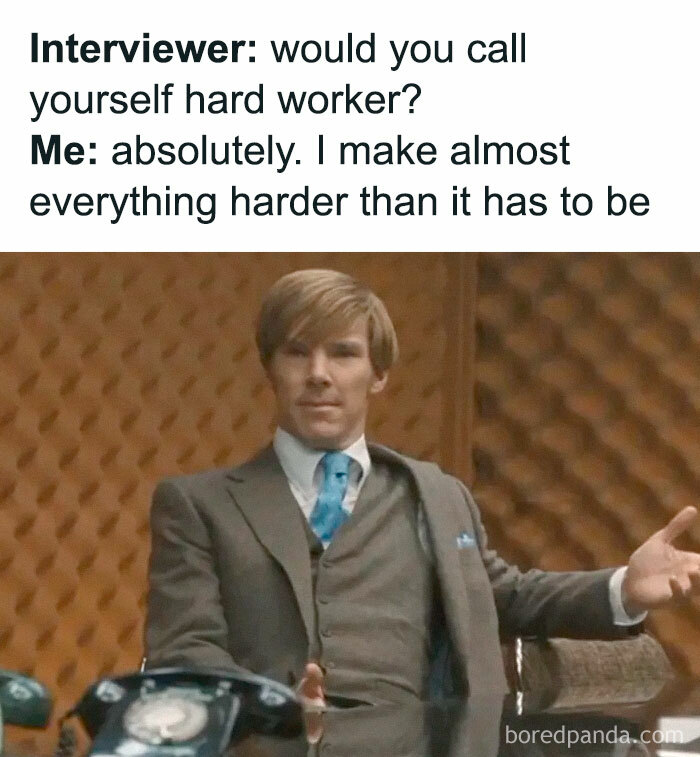 Job meme with a humorous quote about being a hard worker, featuring a person in a suit gesturing confidently.