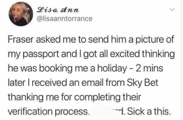 Scottish humor post about passport mix-up with Sky Bet verification email.