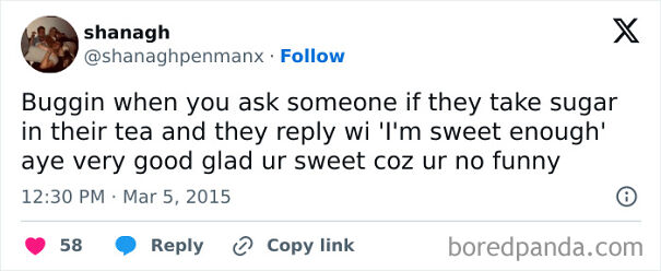 Scottish humor in a tweet about sugar in tea, showcasing a witty response with a touch of sarcasm.