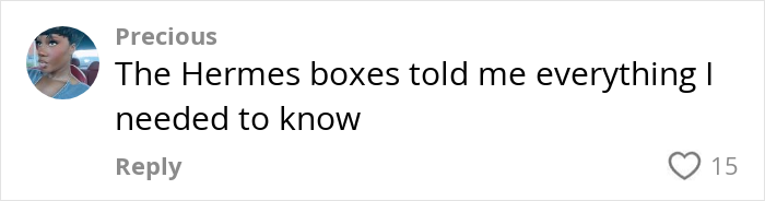 A comment from Precious about Hermes boxes related to a millennial's child-free life choice, with a heart reaction.