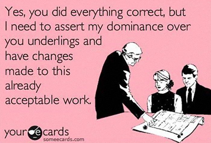 Boss asserting dominance over workers, reviewing plans, highlighting job meme humor in a work dungeon setting.